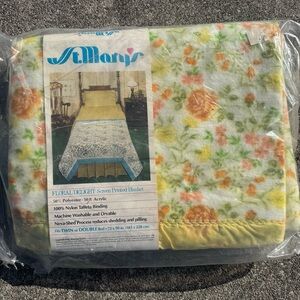 Vintage St. Marys Floral Delight Screen Print Blanket 72" X 90" USA